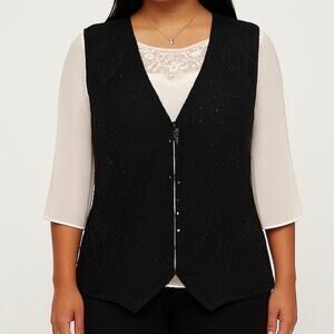Vintage Size 3X Silk Beaded Sequin Waistcoat Vest Jacket Black Holiday Party
